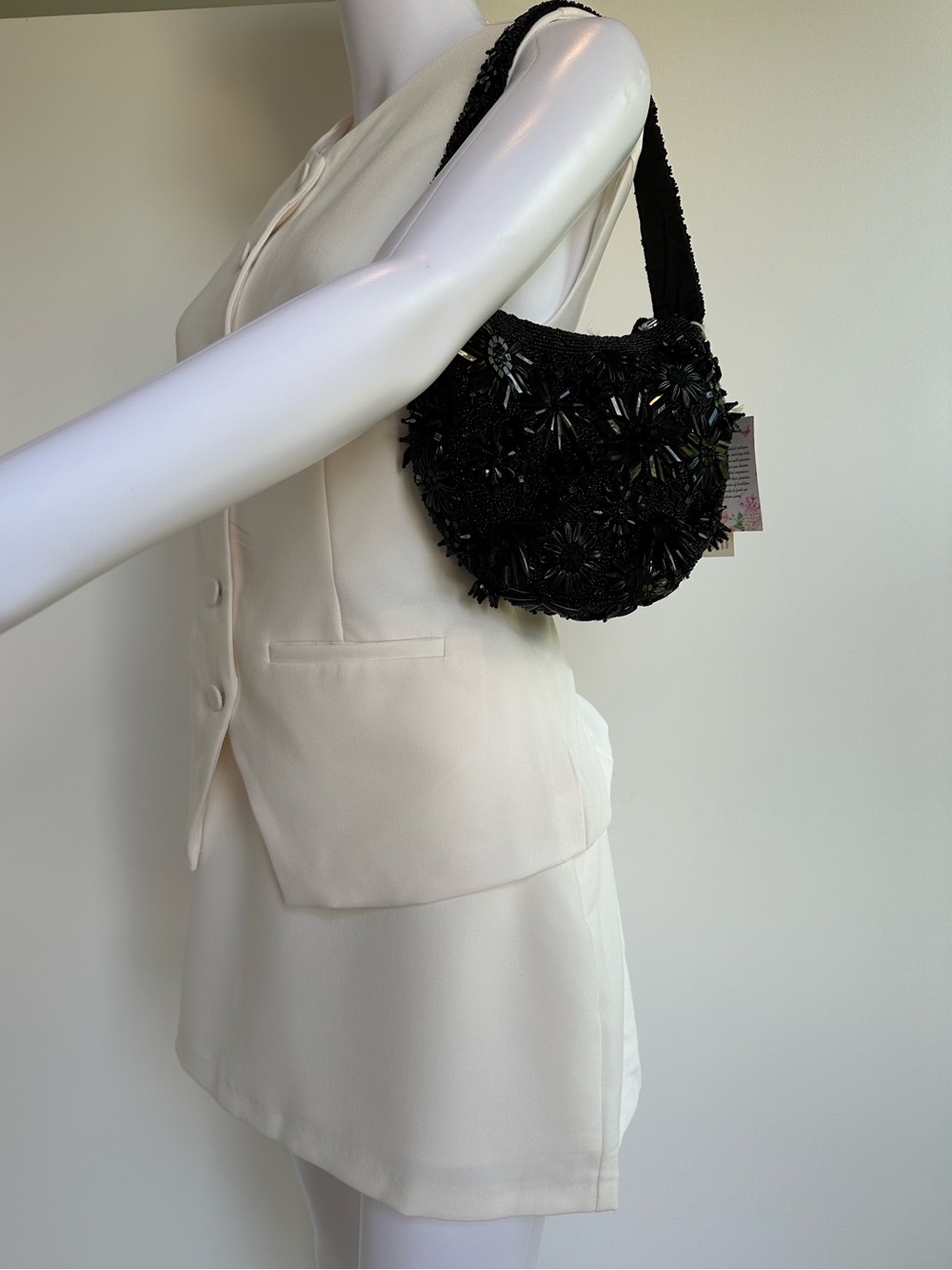 Black Beaded Floral Shoulder Bag - Women
